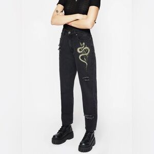 Disturbia - Nirah Embroidered Snake Distressed Mom Jeans